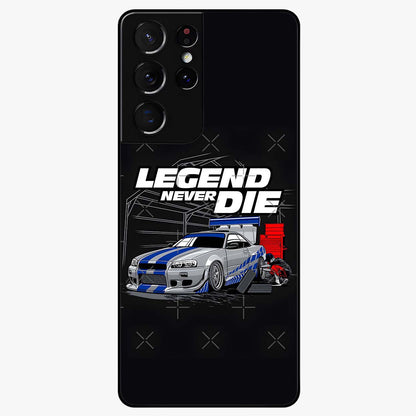 Midnight Racing Legacy Glass Case showing flat back view with sleek racing inspired artwork and glossy glass finish.