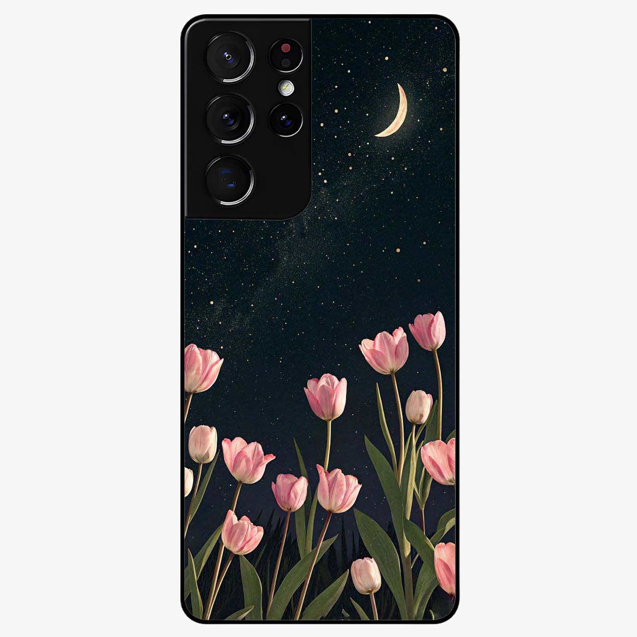 Midnight Tulip Whispers Vibe Glass Case showing flat back view with elegant tulip flower artwork and glossy glass finish.