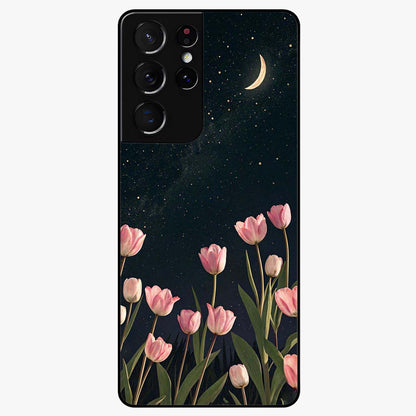 Midnight Tulip Whispers Vibe Glass Case showing flat back view with elegant tulip flower artwork and glossy glass finish.