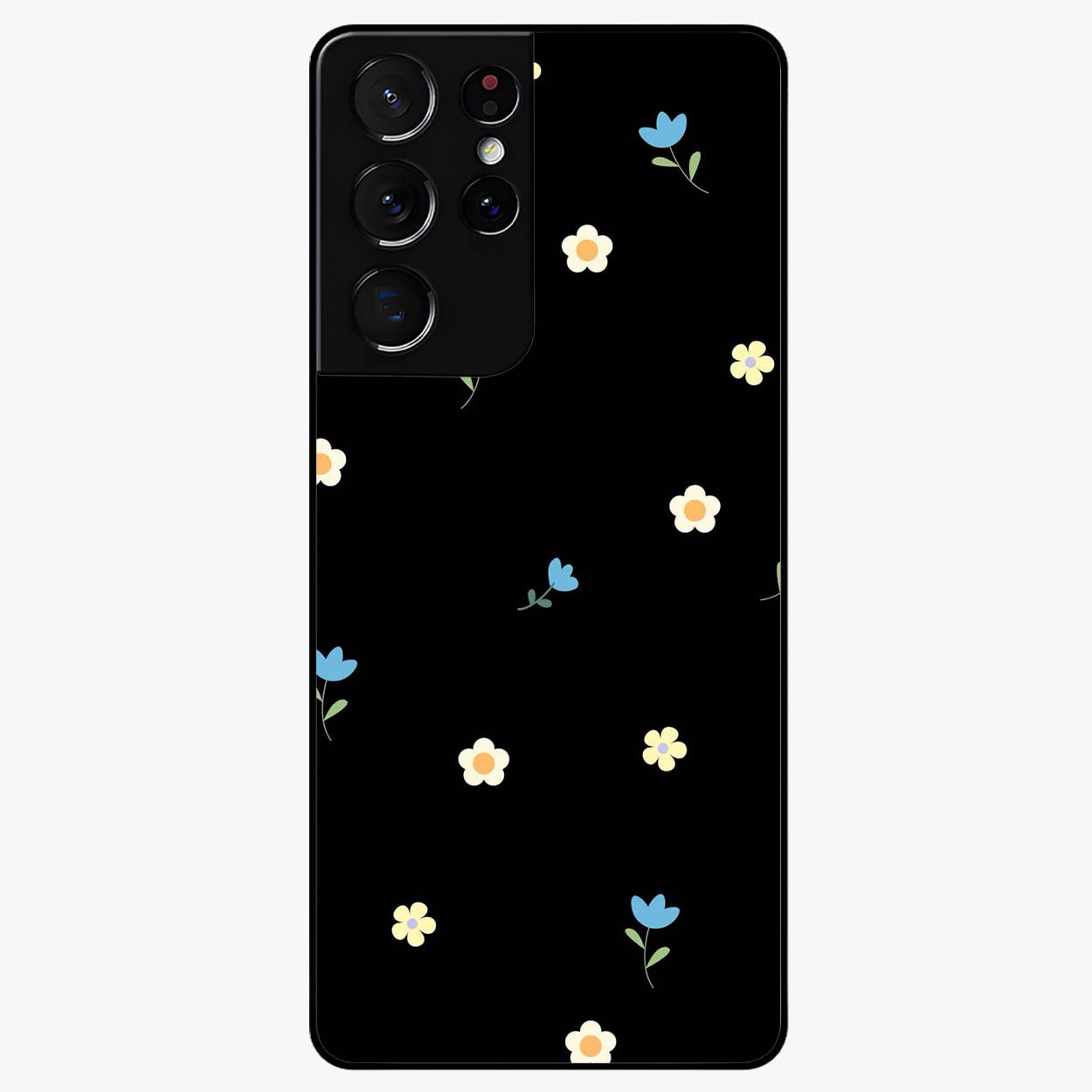 Minimalistic Blue With White Flower Pattern Glass Case showing flat back view with blue background and white flower pattern and glossy glass finish.