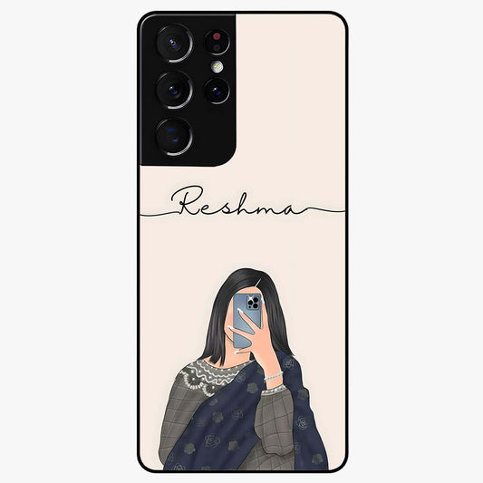 Mirror Mood Muse With Custom Name Glass Case showing flat back view with stylish mirrored artwork and personalized name design.
