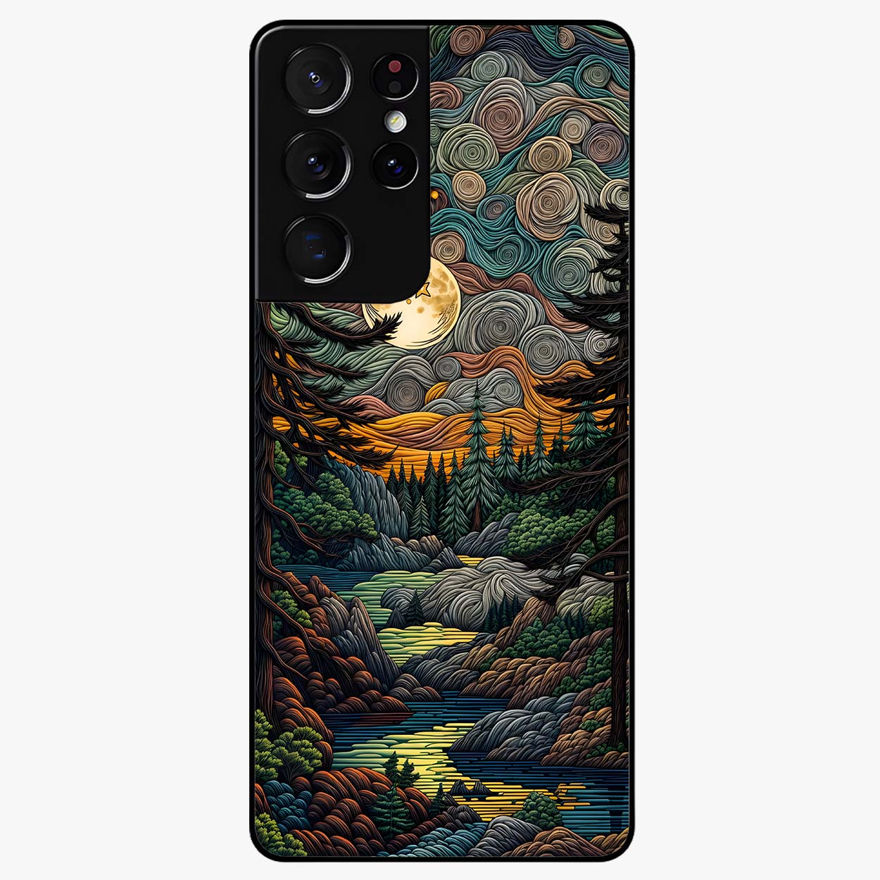 Moonlight Forest Dream Glass Case showing flat back view with mystical forest moonlight artwork and glossy glass finish.