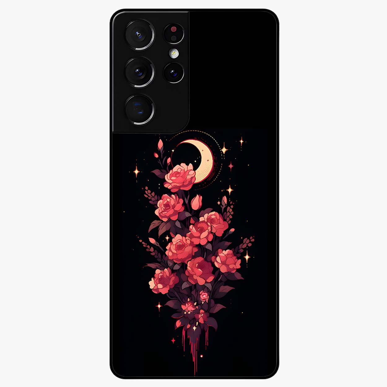 Moonlit Floral Elegance Glass Case showing flat back view with elegant floral artwork under moonlit tones and glossy glass finish.