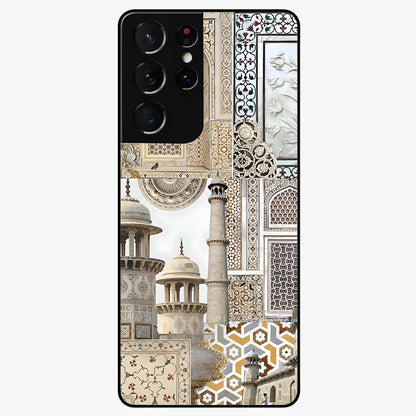 Mughal Marble Legacy Glass Case showing flat back view with intricate Mughal inspired marble pattern and glossy glass finish.