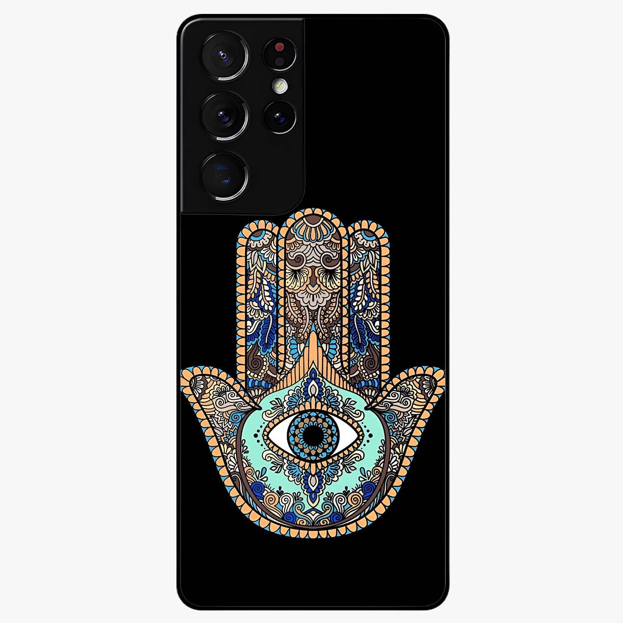 Mystic Hamsa Eye Glass Case showing flat back view with protective hamsa hand and evil eye artwork and glossy glass finish.
