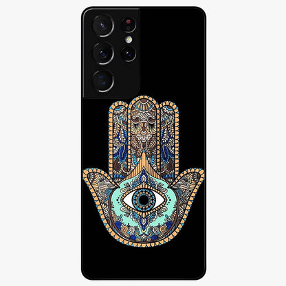 Mystic Hamsa Eye Glass Case showing flat back view with protective hamsa hand and evil eye artwork and glossy glass finish.