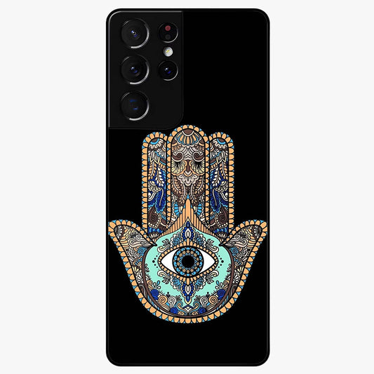 Mystic Hamsa Eye Glass Case showing flat back view with protective hamsa hand and evil eye artwork and glossy glass finish.