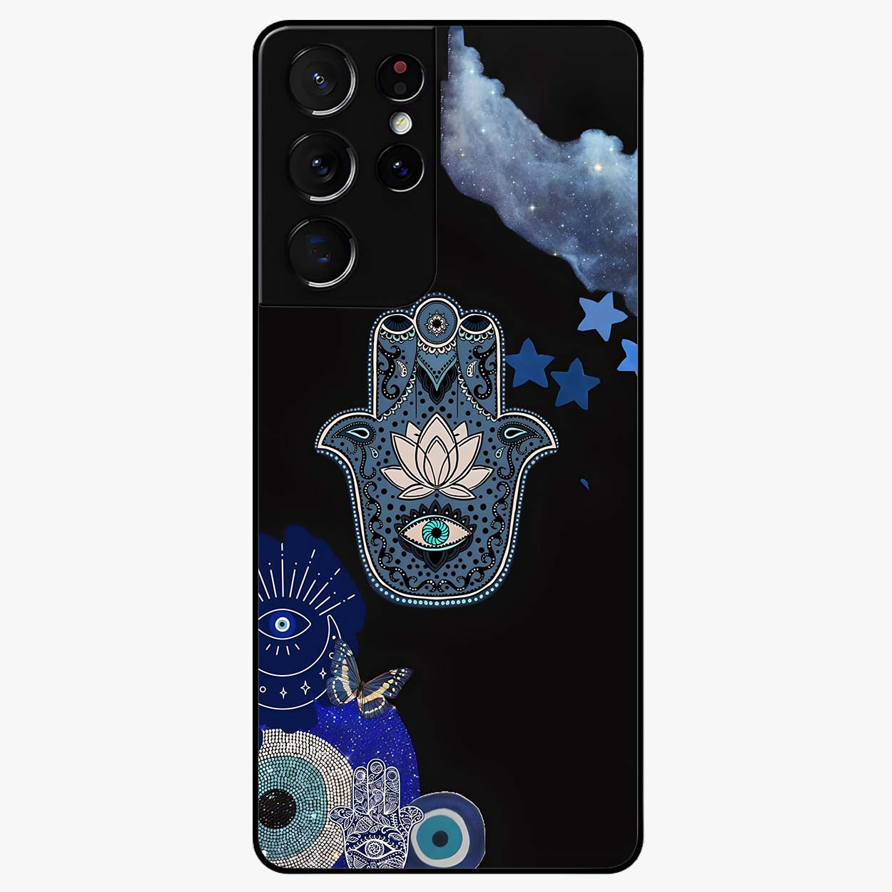 Mystic Hand Aura Glass Case showing flat back view with mystical hand symbol artwork and glossy glass finish.