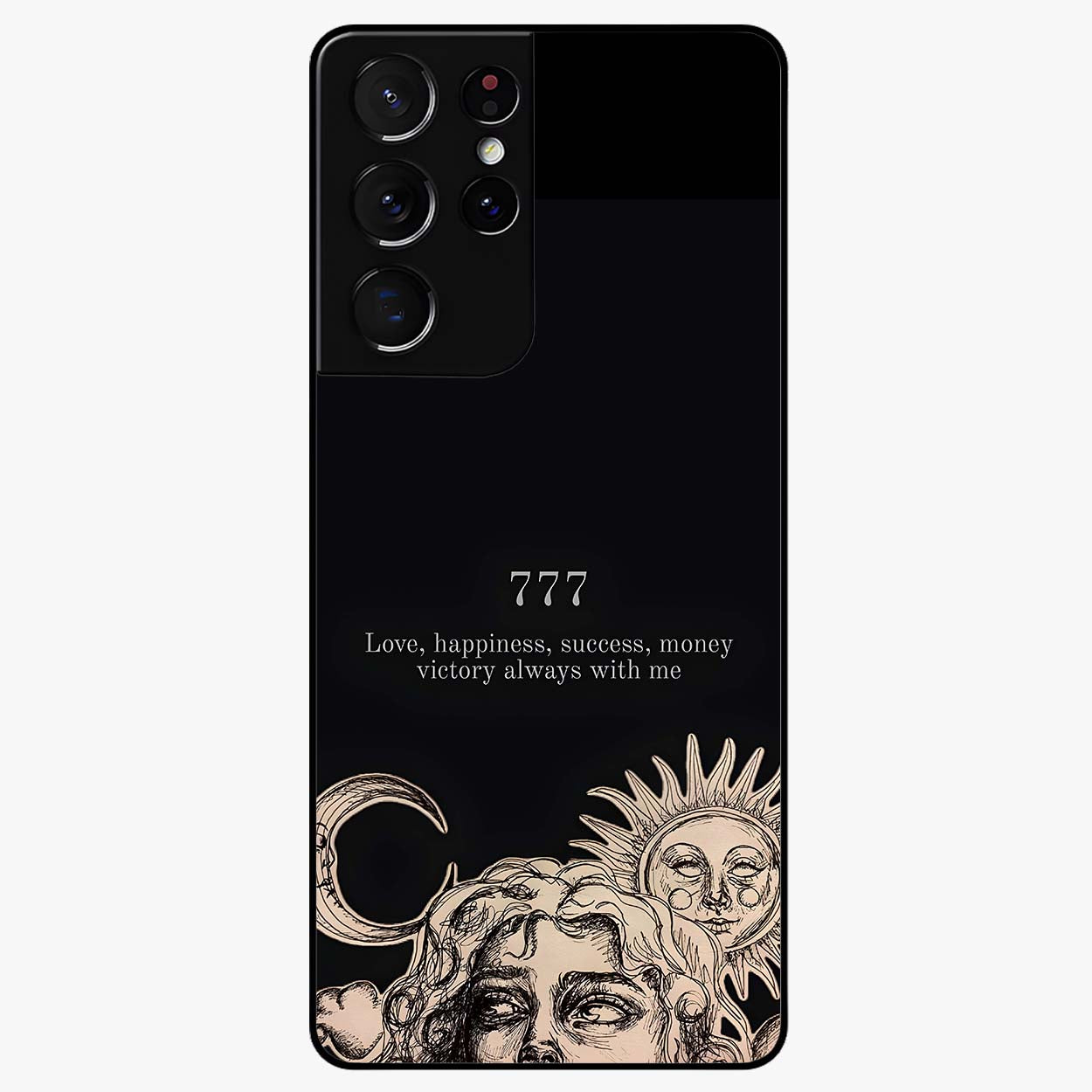 Mystic Victory Aura Glass Case showing flat back view with victory symbol artwork and glossy glass finish.