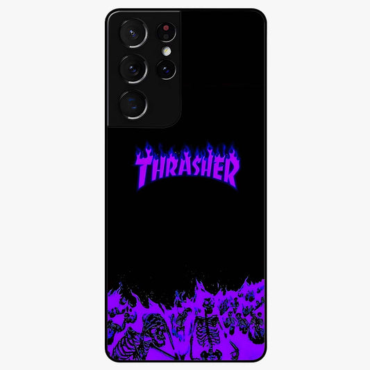 Neon Flame Riot Glass Case showing flat back view with neon flame artwork and glossy glass finish.