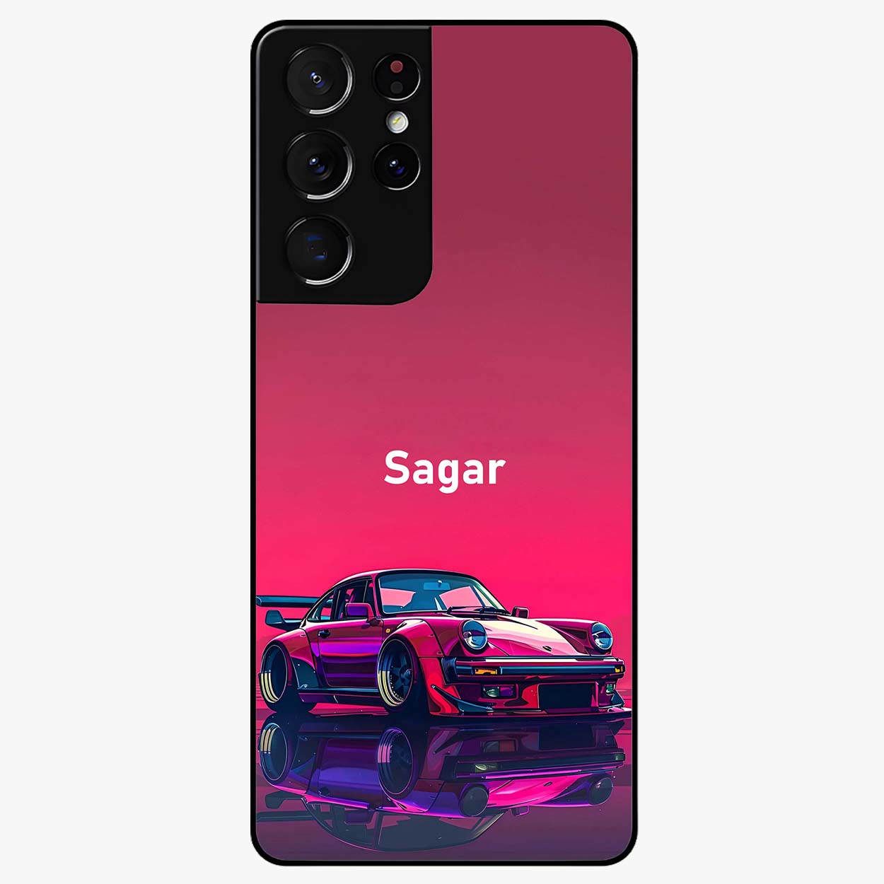 Neon Pink Porsche Glass Case showing flat back view with stylish sports car artwork and glossy glass finish.