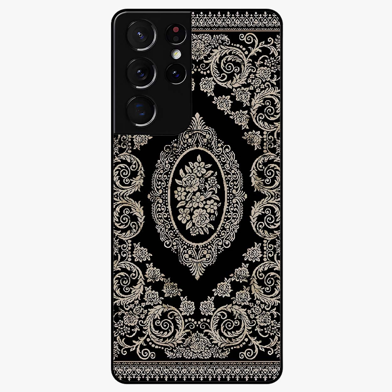Noir Bloom Elegance Glass Case showing flat back view with elegant dark floral artwork and glossy glass finish.
