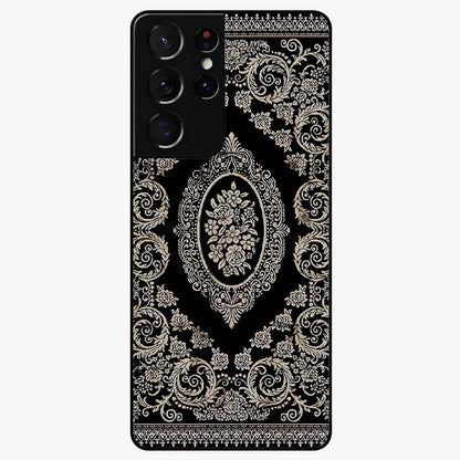 Noir Bloom Elegance Glass Case showing flat back view with elegant dark floral artwork and glossy glass finish.