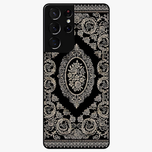 Noir Bloom Elegance Glass Case showing flat back view with elegant dark floral artwork and glossy glass finish.