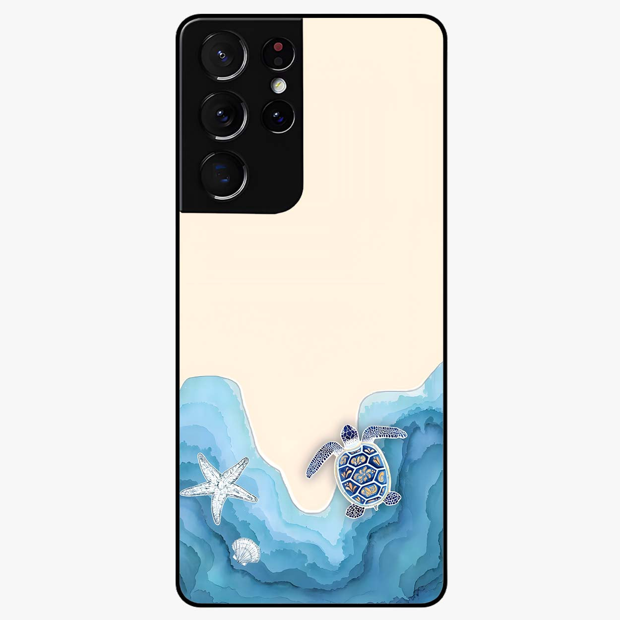 Ocean Drift Turtle Glass Case showing flat back view with sea turtle artwork and glossy glass finish.
