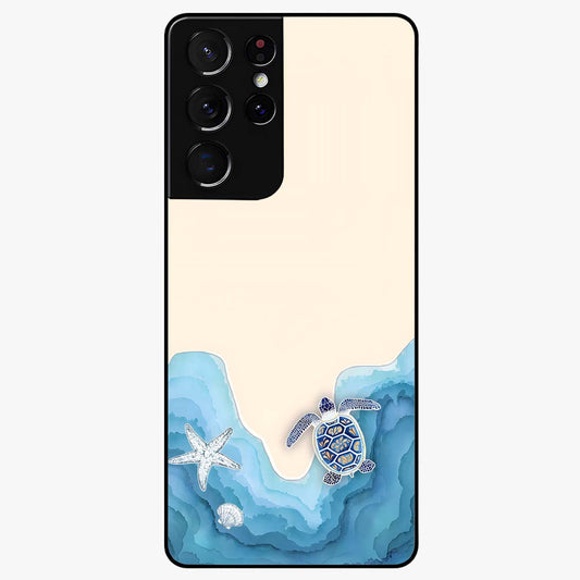 Ocean Drift Turtle Glass Case showing flat back view with sea turtle artwork and glossy glass finish.