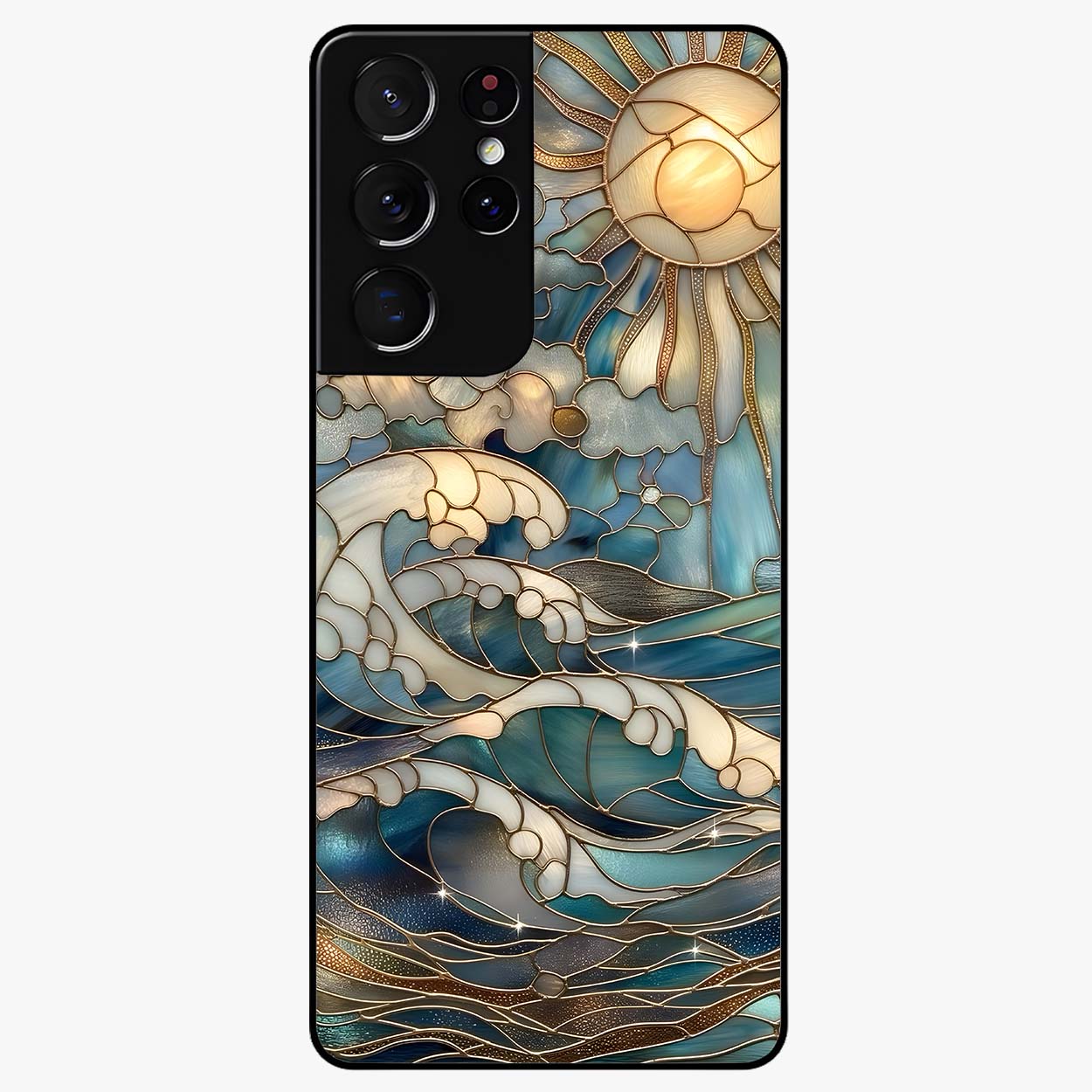 Oceanic Stained Printed Glass Case showing flat back view with ocean inspired stained pattern artwork and glossy glass finish.