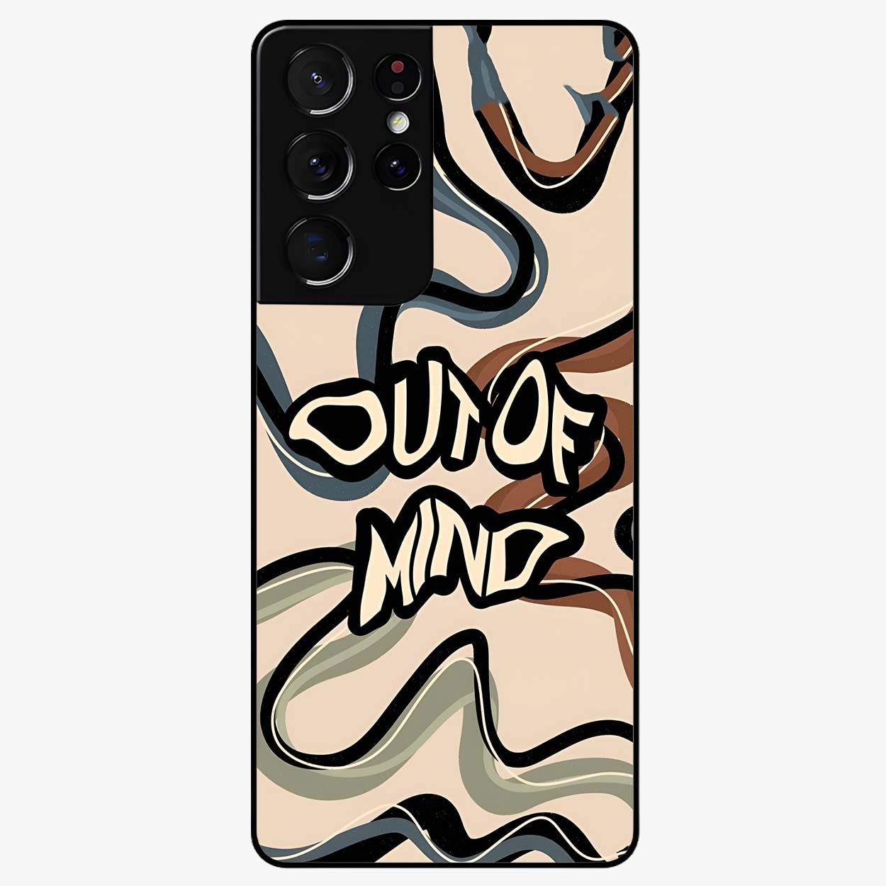 Out Of Mind Glass Case showing flat back view with expressive typography artwork and glossy glass finish.
