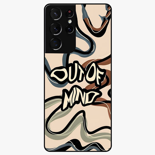 Out Of Mind Glass Case showing flat back view with expressive typography artwork and glossy glass finish.