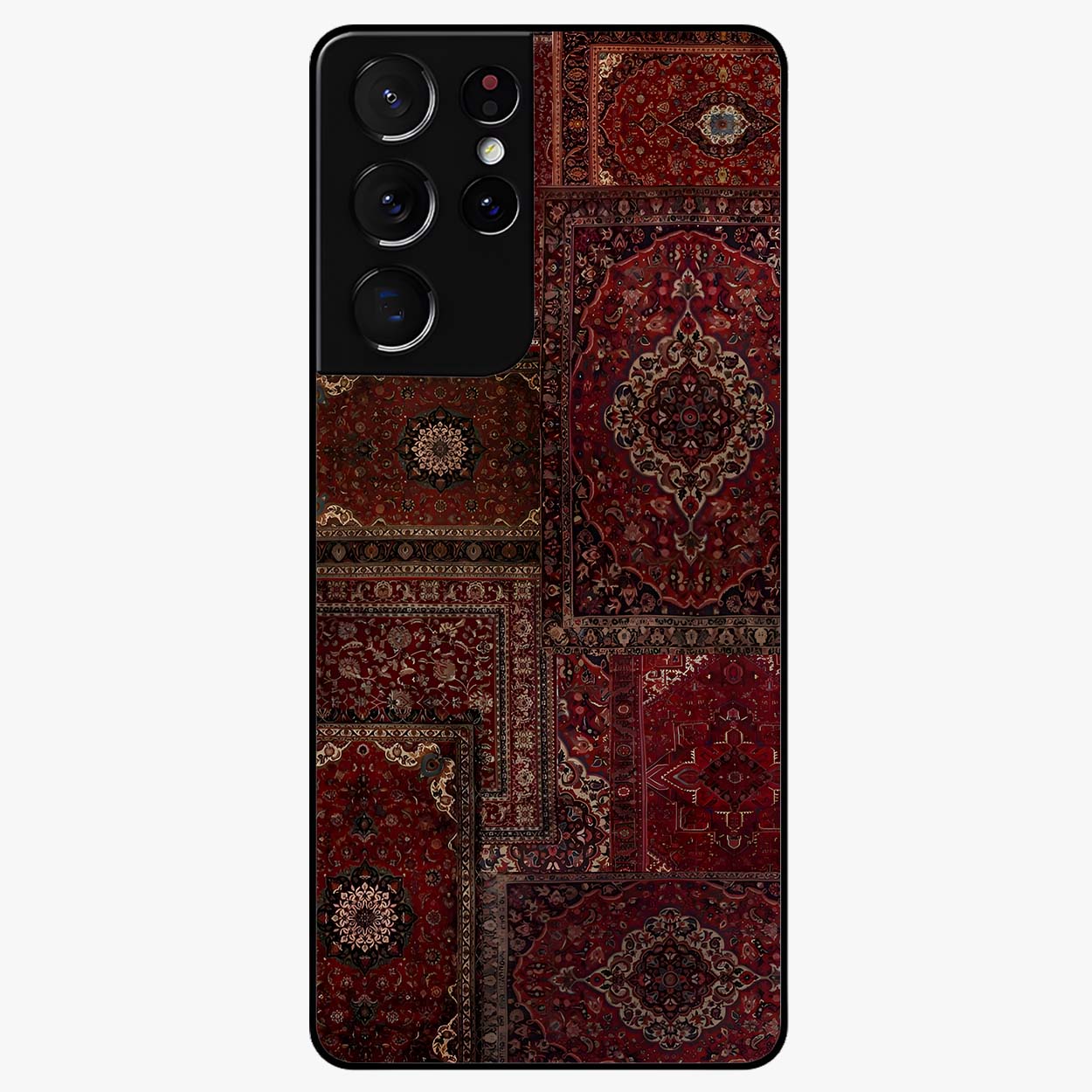 Persian Velvet Tale Glass Case showing flat back view with luxurious Persian velvet pattern artwork and glossy glass finish.