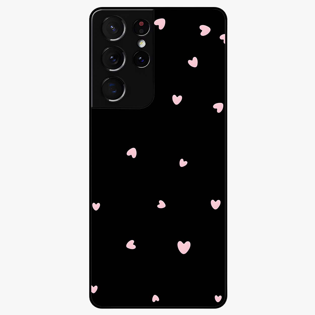Pink Love Drops Glass Case showing flat back view with playful pink heart drops artwork and glossy glass finish.