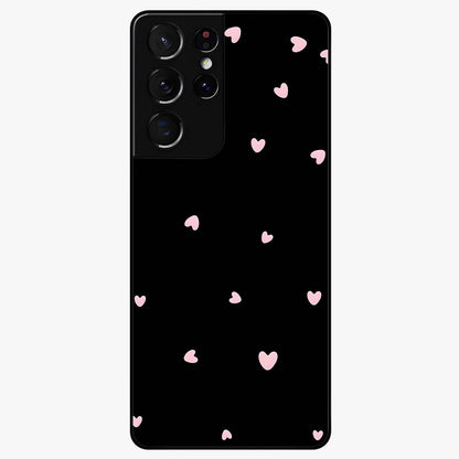 Pink Love Drops Glass Case showing flat back view with playful pink heart drops artwork and glossy glass finish.