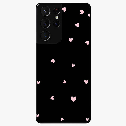 Pink Love Drops Glass Case showing flat back view with playful pink heart drops artwork and glossy glass finish.