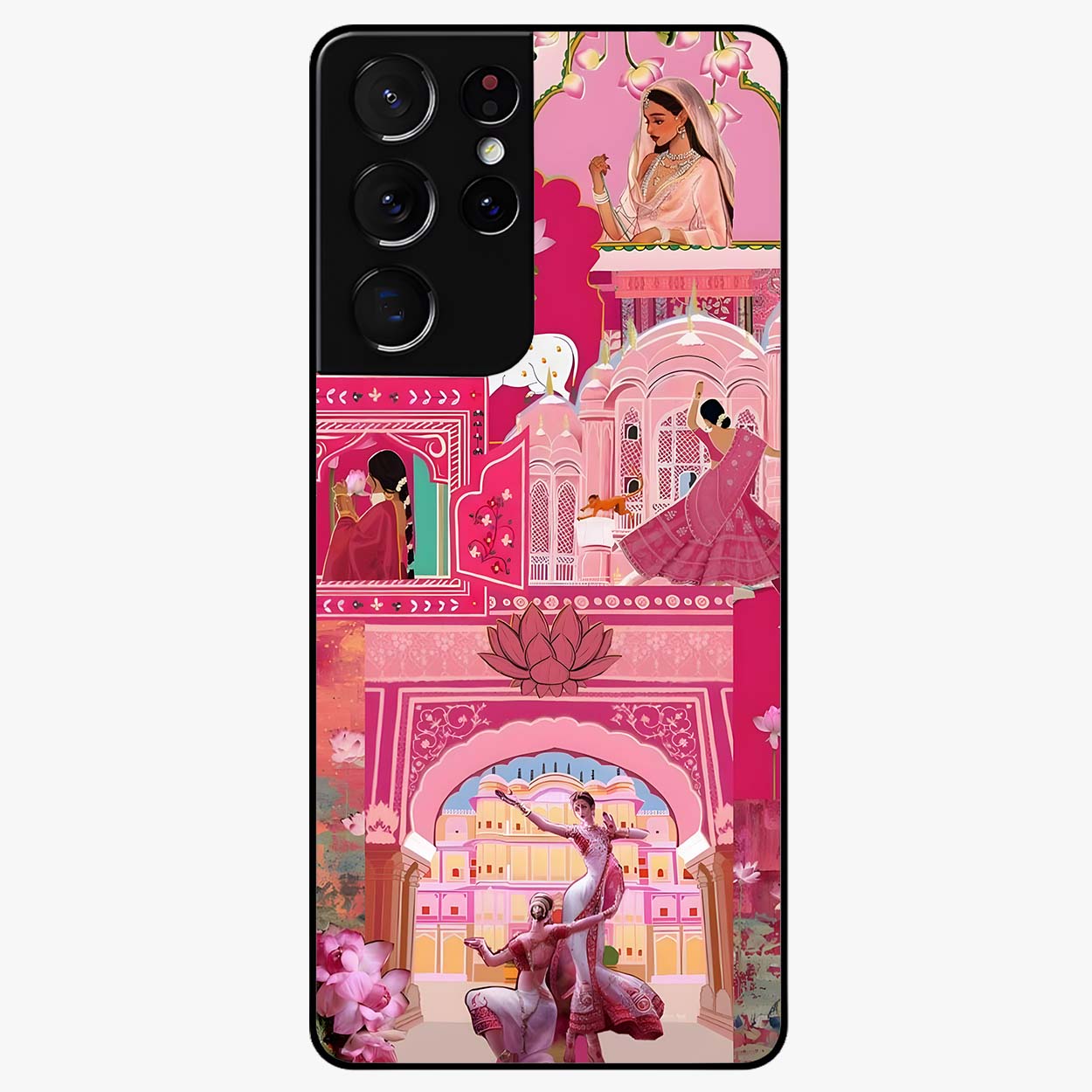 Pink Palace Muse Glass Case showing flat back view with elegant palace inspired artwork and glossy glass finish.