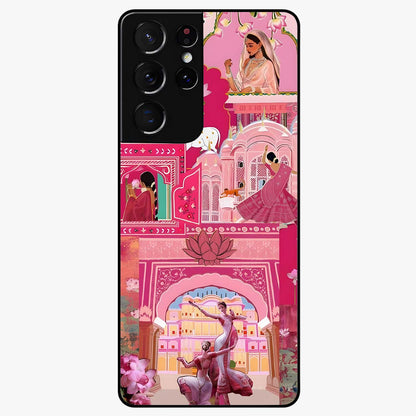 Pink Palace Muse Glass Case showing flat back view with elegant palace inspired artwork and glossy glass finish.