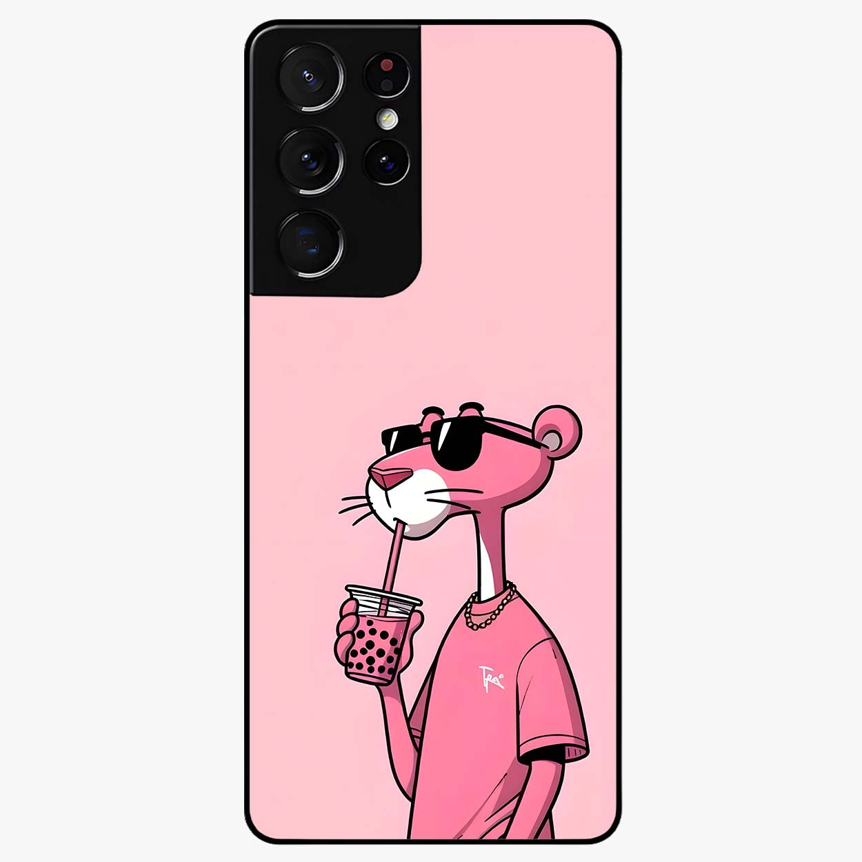 Pink Panther Glass Case showing flat back view with iconic pink panther artwork and glossy glass finish.
