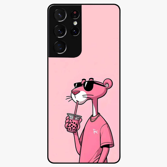 Pink Panther Glass Case showing flat back view with iconic pink panther artwork and glossy glass finish.