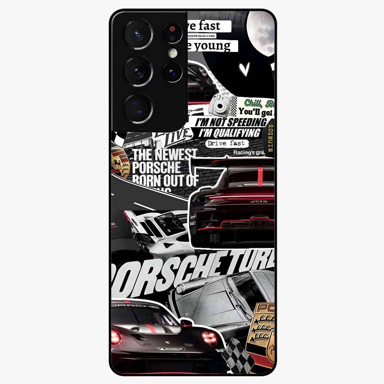Porsche Racing Collage Glass Case showing flat back view with sports car racing collage artwork and glossy glass finish.