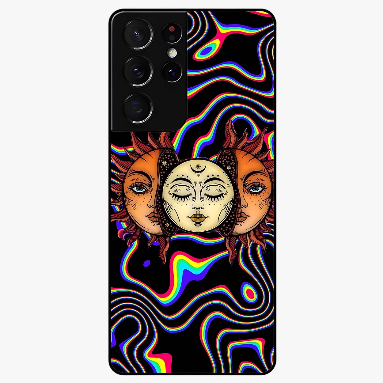 Psychedelic Sun Glass Case showing flat back view with colorful psychedelic sun artwork and glossy glass finish.