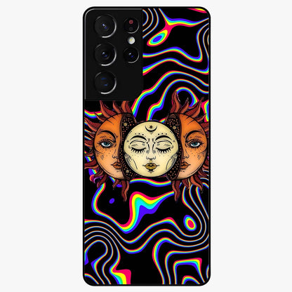 Psychedelic Sun Glass Case showing flat back view with colorful psychedelic sun artwork and glossy glass finish.