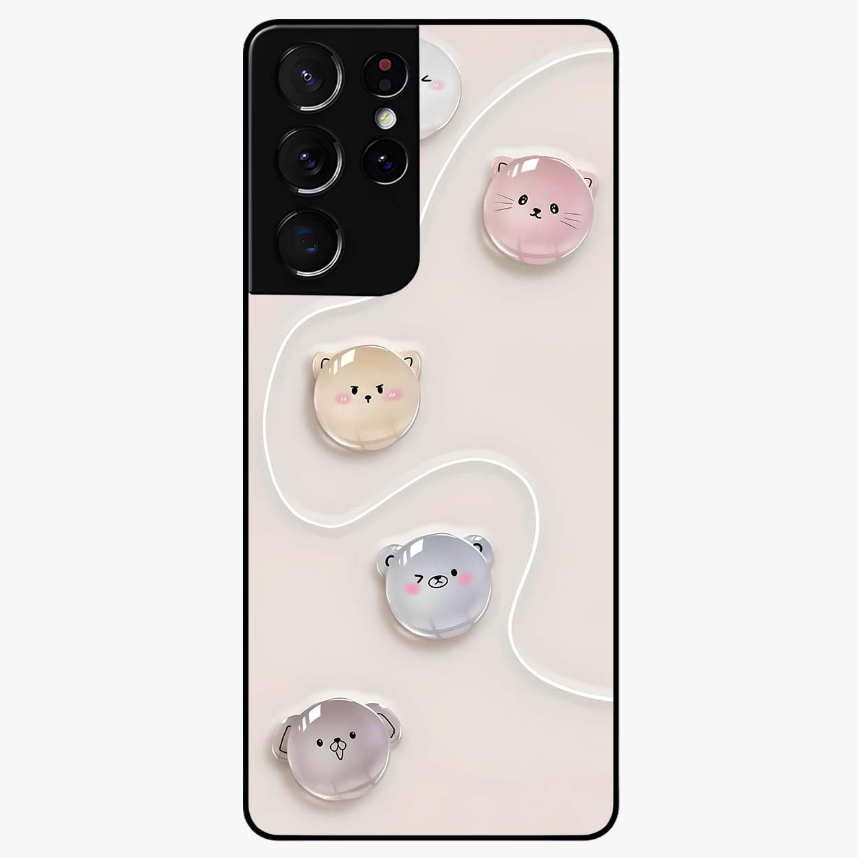 Puffy Face Parade Glass Case showing flat back view with cute puffy character faces artwork and glossy glass finish.