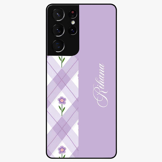 Purple Diamond Floral Glass Case showing flat back view with diamond shaped floral artwork and glossy glass finish.