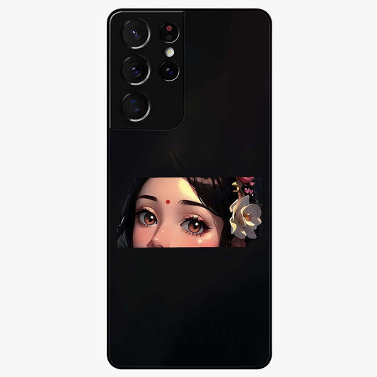 Radha Divine Embrace Glass Case showing flat back view with devotional Radha artwork and glossy glass finish.