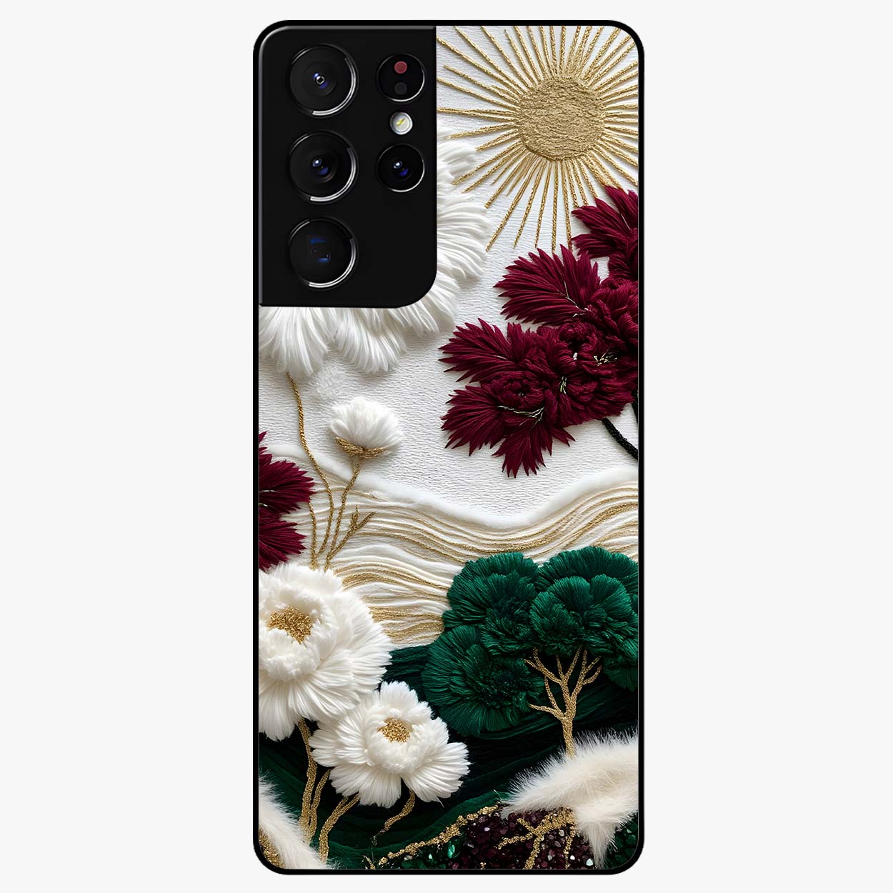 Radiant Bloom Elegance Glass Case showing flat back view with elegant blooming flower artwork and glossy glass finish.