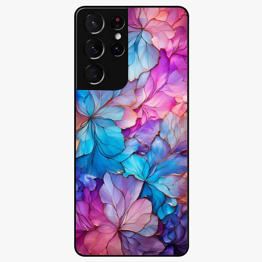 Radiant Floral Whirl Glass Case showing flat back view with swirling floral artwork and glossy glass finish.