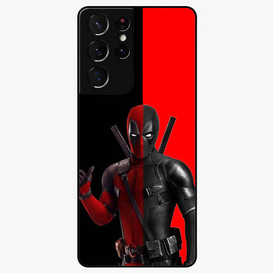 Red & Black Deadpool Theme Glass Case showing flat back view with bold comic inspired artwork and glossy glass finish.