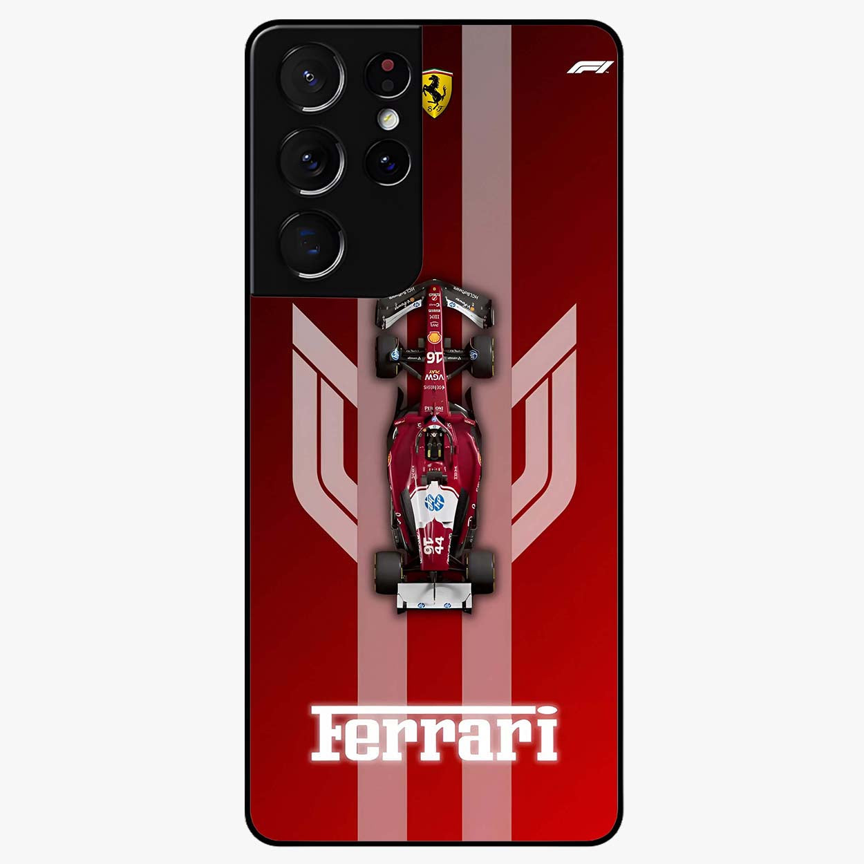 Red Ferrari F1 Vertical Glass Case showing flat back view with sleek Formula racing car artwork and glossy glass finish.
