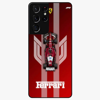 Red Ferrari F1 Vertical Glass Case showing flat back view with sleek Formula racing car artwork and glossy glass finish.