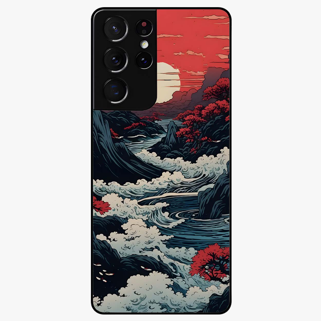 Red Sunset Scenery Glass Case showing flat back view with vibrant sunset landscape artwork and glossy glass finish.