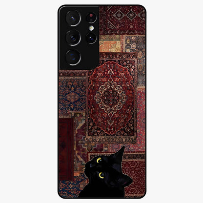 Regal Magic Cat Apple Glass Case showing flat back view with magical cat artwork holding apple and glossy glass finish.