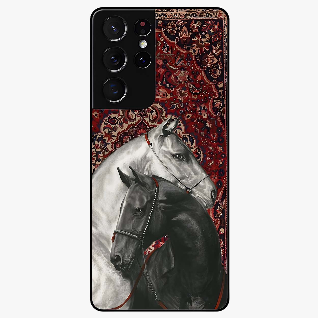 Regal Stallion Tapestry Glass Case showing flat back view with majestic horse tapestry artwork and glossy glass finish.