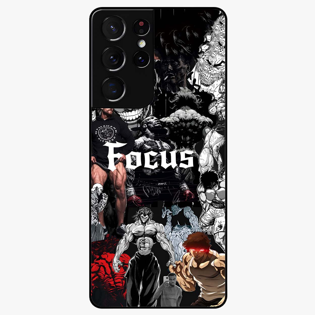 Relentless Power Focus Glass Case showing flat back view with motivational typography artwork and glossy glass finish.