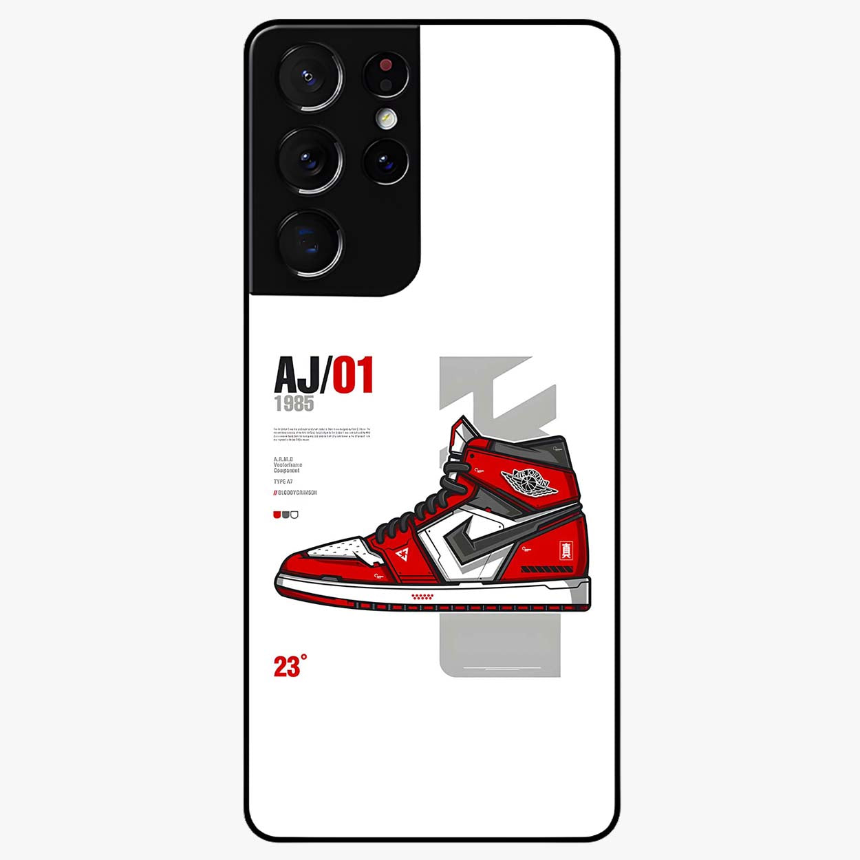Retro Sneaker Blueprint Glass Case showing flat back view with sneaker blueprint style artwork and glossy glass finish.