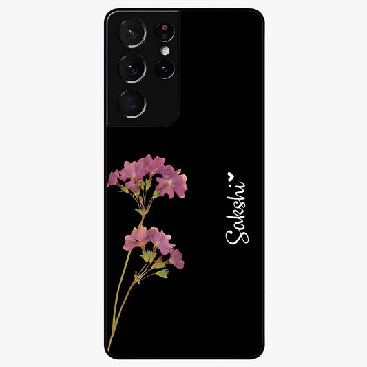 Riching Lavender Flower Custom Name Glass Case showing flat back view with lavender floral artwork and personalized name design.