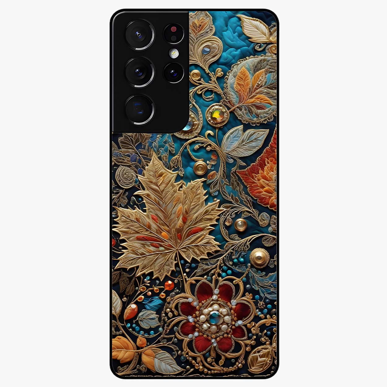 Royal Jewel Garden Glass Case showing flat back view with decorative floral garden artwork and glossy glass finish.