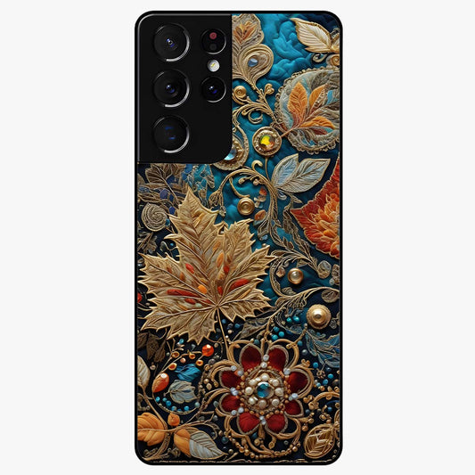 Royal Jewel Garden Glass Case showing flat back view with decorative floral garden artwork and glossy glass finish.